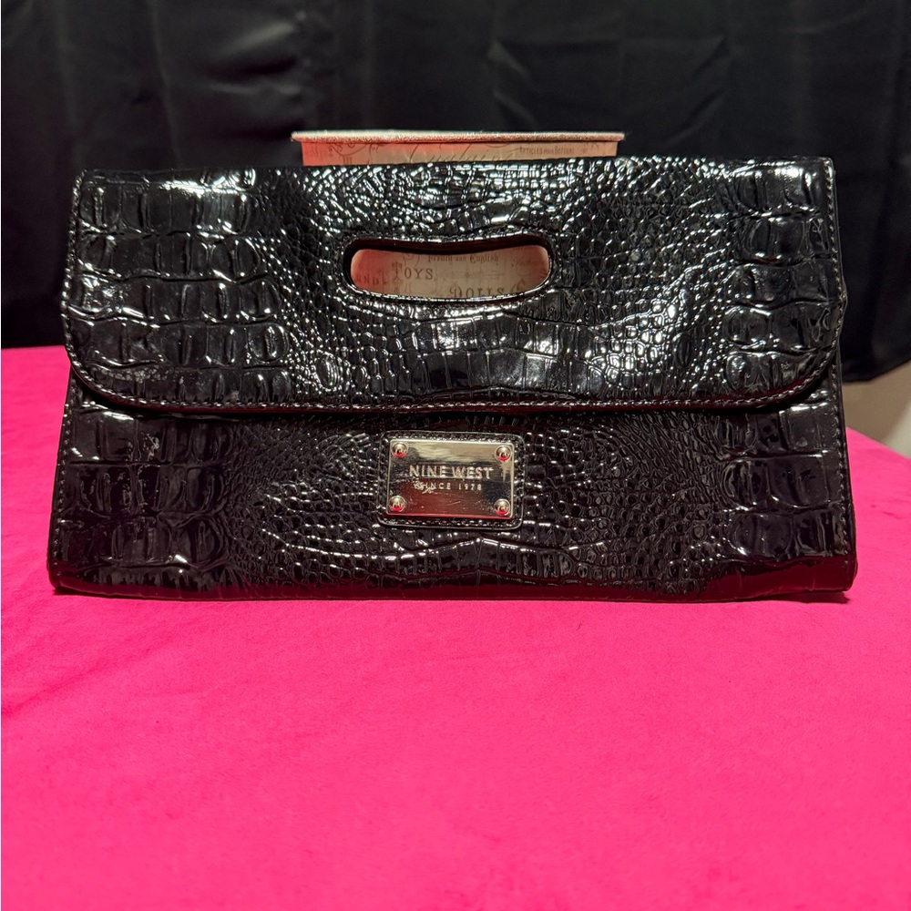 Nine West Glossy Black Croc-Texture Clutch